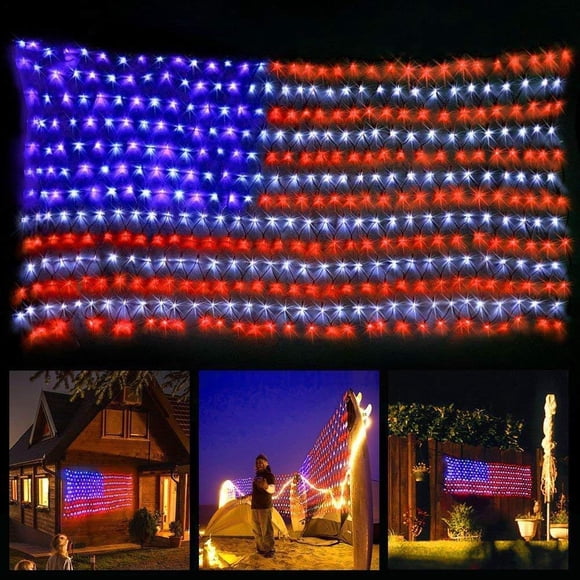 Guirnalda de luces con diseño de bandera estadounidense, 198 x 101 cm, 420 LED, 110 V, resistente al agua