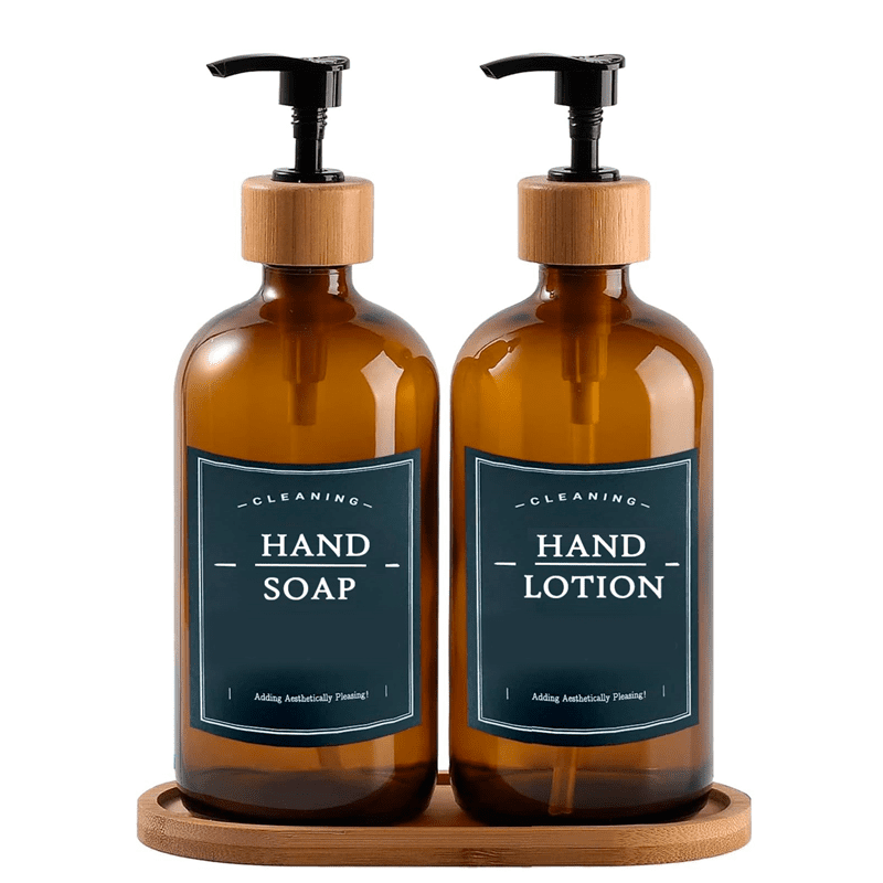 Wakeshome - 2 Dispensador De Jabon Botella Vidrio Ambar 500 Ml + Bandeja Marrón