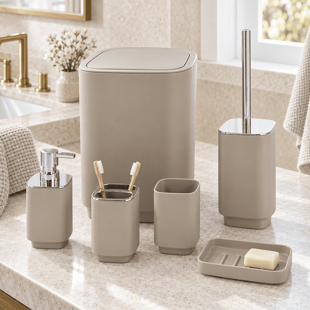 Set De Baño Completo 6 Piezas De ABS Con Basurero Dispensador Y Escobilla Color Taupe