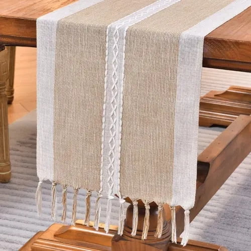 Caminos De Mesa 183 X 33 Cm Lino Y Algodón Mantel Tejido Crochet Beige