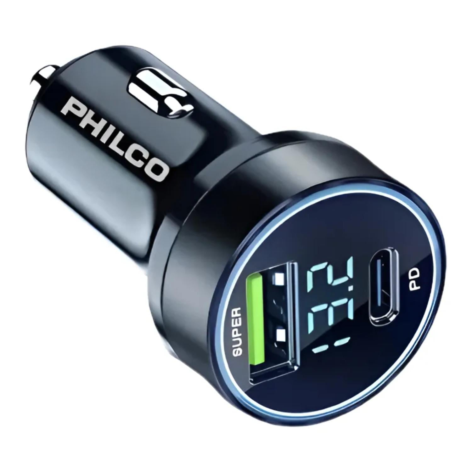 Philco - Cargador De Auto Doble Qc3.0 Usb Led Negro D49a