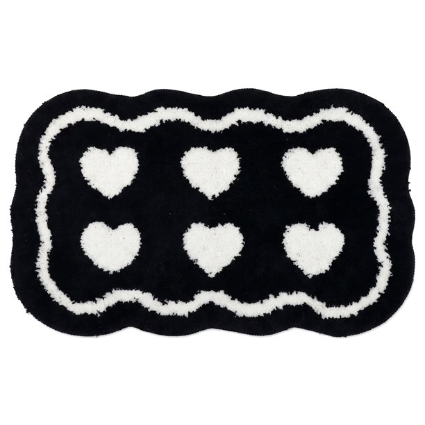 Alfombra de Baño Estética Linda REGALWOVEN, Alfombra de Baño de Pila Alta Ultra Suave y Absorbente, Alfombra de Microfibra Impresa Antideslizante Corazón Negro 32" x 20"