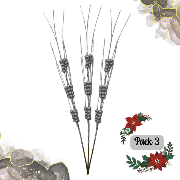 Pack 3 Ramas De Navidad Bayas Con Tallo De Acebo Navideño 65 cm