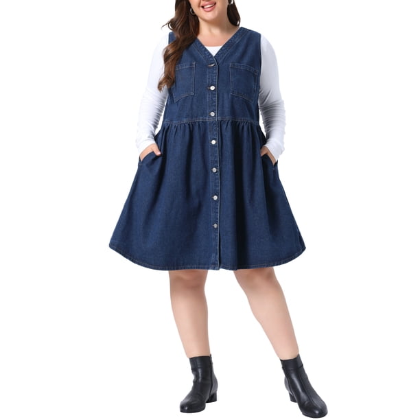 Vestido Pichi de Mezclilla para Mujer Talla Grande de Agnes Orinda, Cuello en V, Sin Mangas, Abotonado, Casual, con Bolsillos, 1X Azul Oscuro