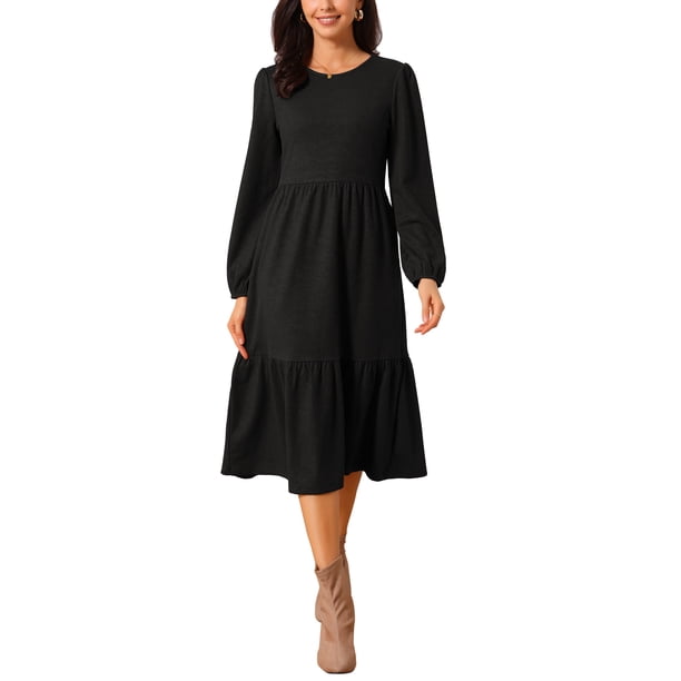 Vestidos de Otoño para Mujer INSPIRE CHIC Manga Larga Cuello Redondo Vestido Casual de Punto en Línea A con Bolsillos S Negro