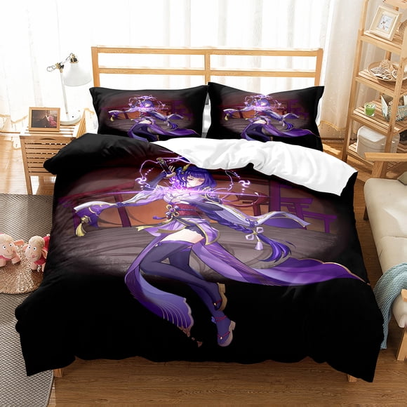 Genshin Impact Raiden Shogun Pillowcase Bedding Bag Cartoon 3 Pcs Set Anime Customize Bedding Decoration Cute Quilt Cover Bed Sheets