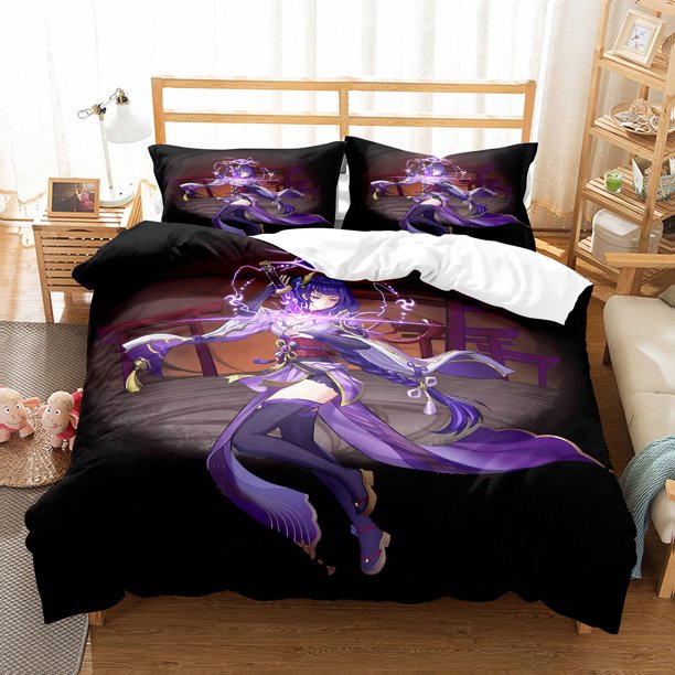 Genshin Impact Raiden Shogun Pillowcase Bedding Bag Cartoon 3 Pcs Set Anime Customize Bedding Decoration Cute Quilt Cover Bed Sheets