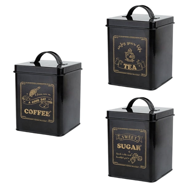 Juego de 3 uds de recipientes para encimera de cocina, recipiente para té, azúcar y café, caja cuadrada multifunción, decoración rústica para sala de negro
