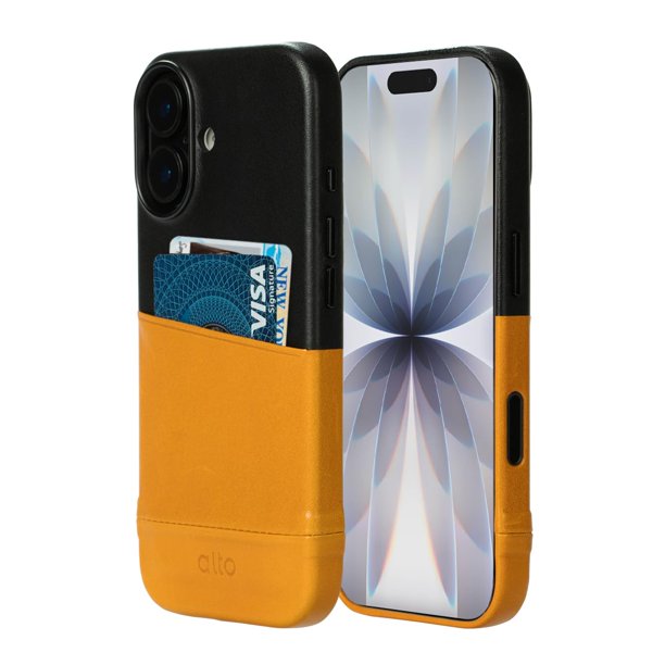 Funda de Cuero para Tarjetas alto Compatible con iPhone 17 2025, Serie Metro, Cartera Italiana Porta Tarjetas Resistente a Golpes (iPhone 17, 6.3 pulgadas, Marrón Caramelo y Negro Cuervo)