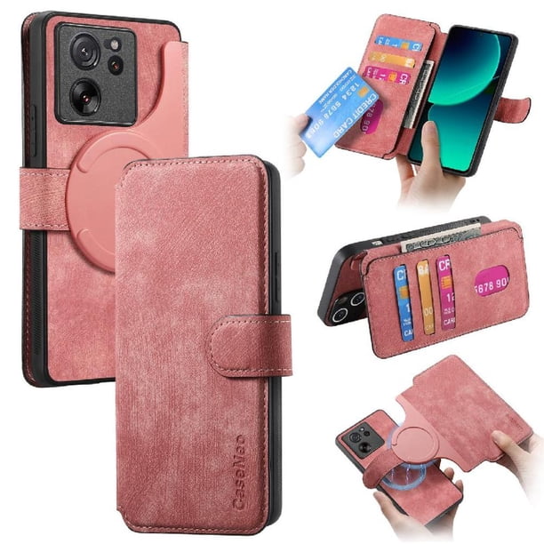 Funda Billetera Magnética para Xiaomi 13T Soporte Tarjetas Desmontable Rosa