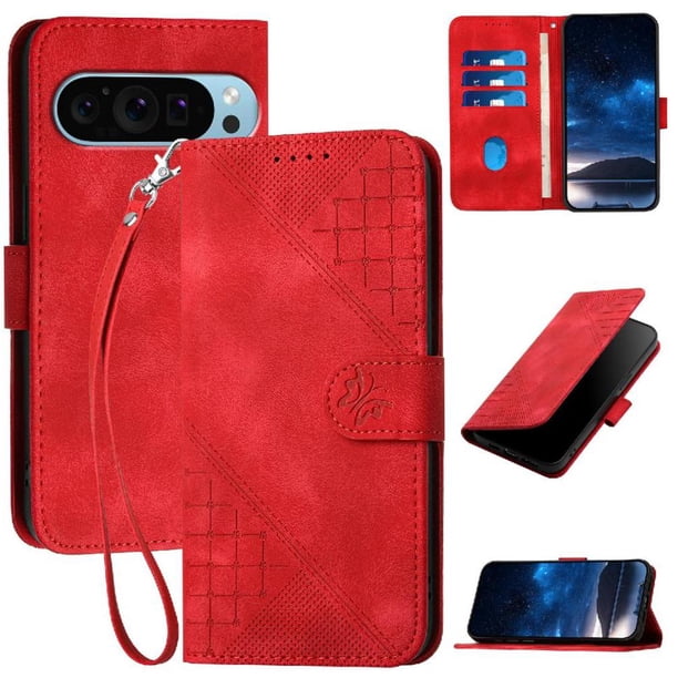 Funda Flip Premium Fibra de Carbono para Google Pixel 9 Pro con Soporte y Cierre Rojo