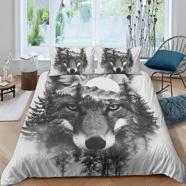 Fundas de edredón con diseño de lobo feroz para niños y niñas, funda nórdica con estampado 3D minimalista de lobo, funda de edredón de microfibra suave con fundas de almohada, juego de ropa