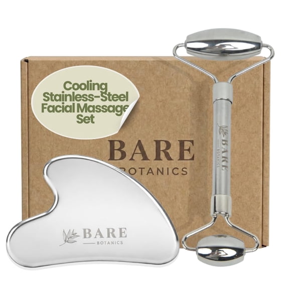 Masajeador BARE BOTANICS Set de Gua Sha y Rodillo de Acero Inoxidable