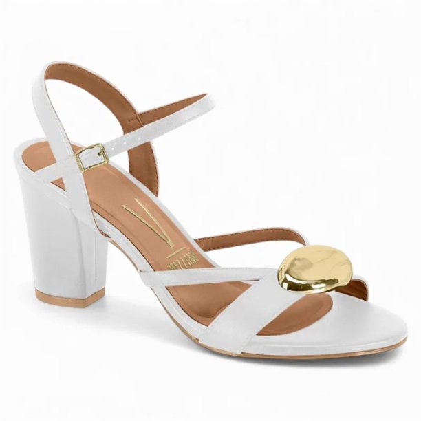 Sandalia Mujer Taco Pelica Blanco Detalle Dorado Vizzano