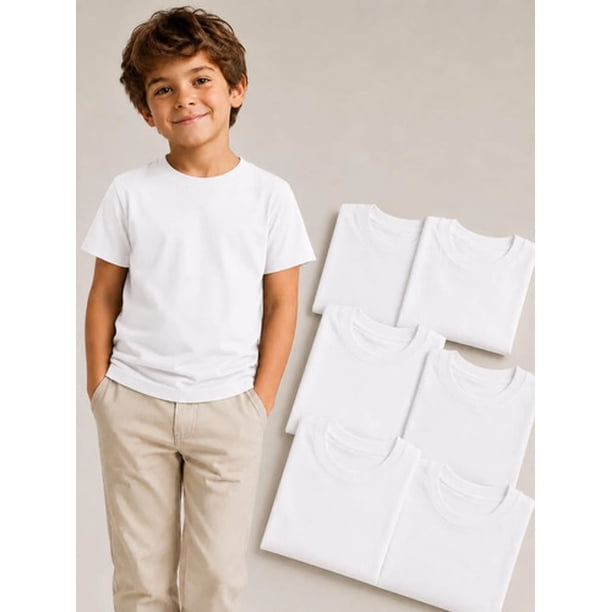 Pack 6 Poleras De Niños Cuello 100% Algodon Cuello Redondo Blanco 4 Lisa