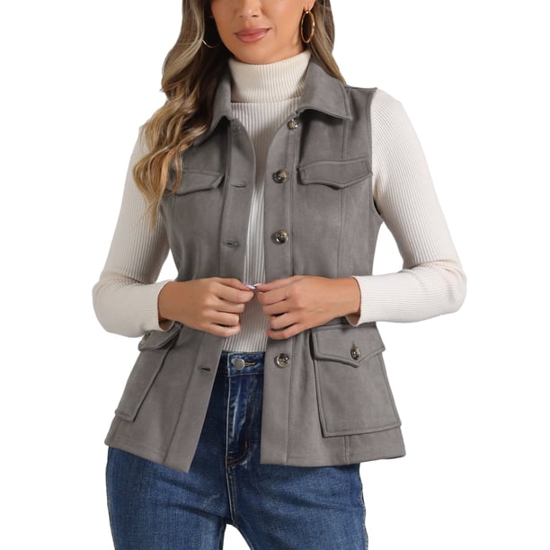 INSPIRE CHIC Chaleco de Utilidad sin Mangas de Mujer de Imitación de Gamuza con Botones, Chaqueta de Carga con Bolsillos y Cuello Abatible Gris Oscuro M