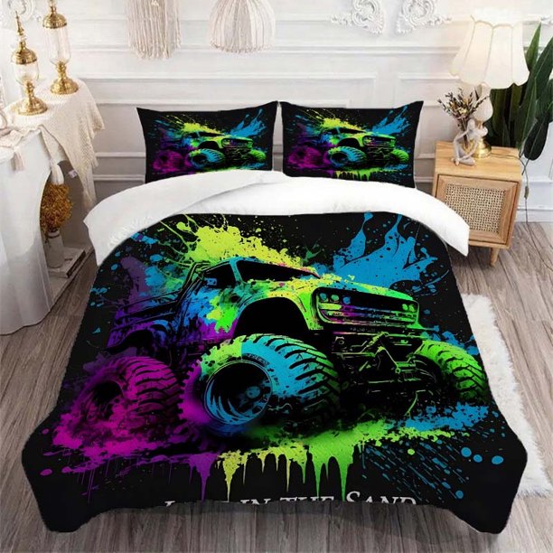 3pcs Vibrant Monster Truck Art Bedding Set Durable Polyester All Season Comforter with Zipper Closure