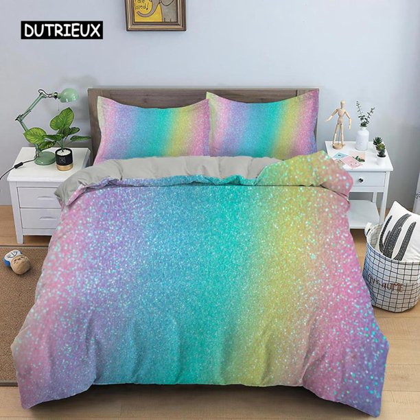 x1677 Bed SheetsRainbow Duvet Cover Set for Girls Rainbow Star Bedding Set Girly Glitter Size Soft and Comfortable Quilt Cover 3-Piece Bedding Set (1 Duvet Cover + 2 Pillow Shams) nj1677