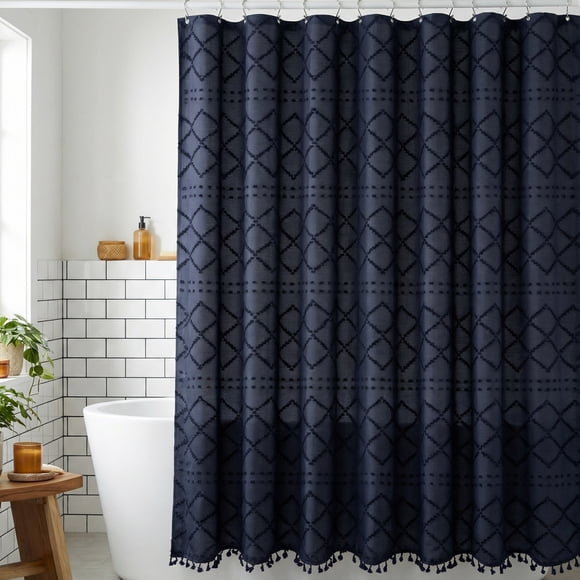 REGALWOVEN Conjunto de Cortinas de Ducha con Textura Geométrica 3D y Borlas, Cortina de Baño Impermeable con 12 Ganchos, Decoración Bohemia Azul Oscuro 72"W x 72"L
