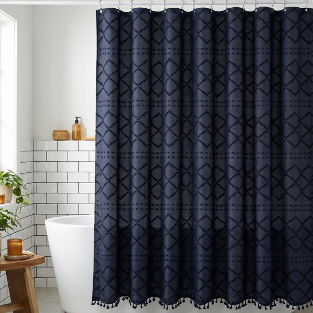 REGALWOVEN Conjunto de Cortinas de Ducha con Textura Geométrica 3D y Borlas, Cortina de Baño Impermeable con 12 Ganchos, Decoración Bohemia Azul Oscuro 72"W x 72"L