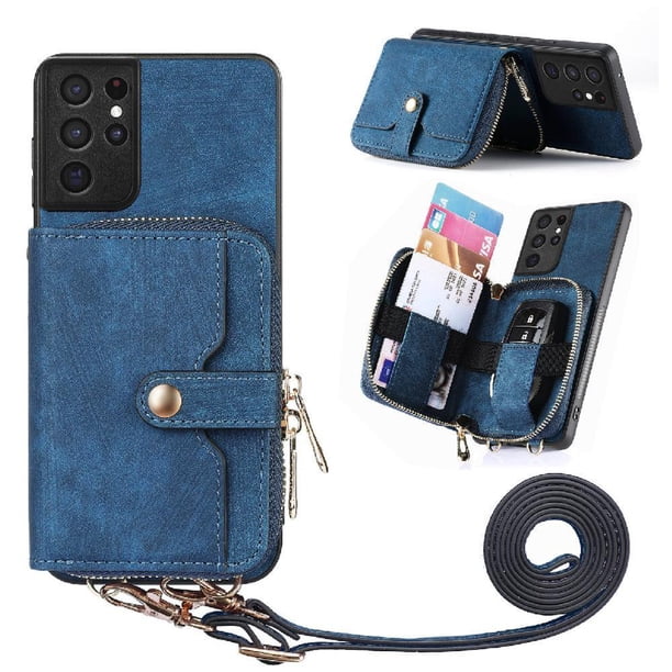 Funda Tipo Cartera con Correa Cruzada para Samsung Galaxy S21 Ultra Protección Contra Golpes Azul