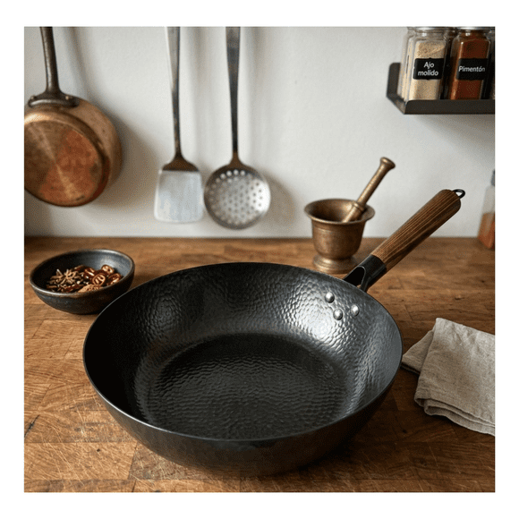 Wok De Cocina Tradicional Acero Martillado Mango De Madera