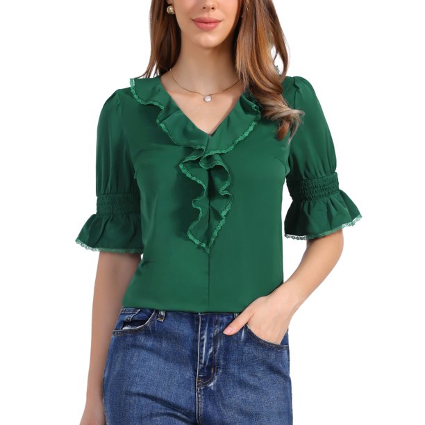 Blusa de Gasa Semitransparente con Volantes y Mangas Abullonadas hasta el Codo para Mujer de INSPIRE CHIC S Verde Esmeralda