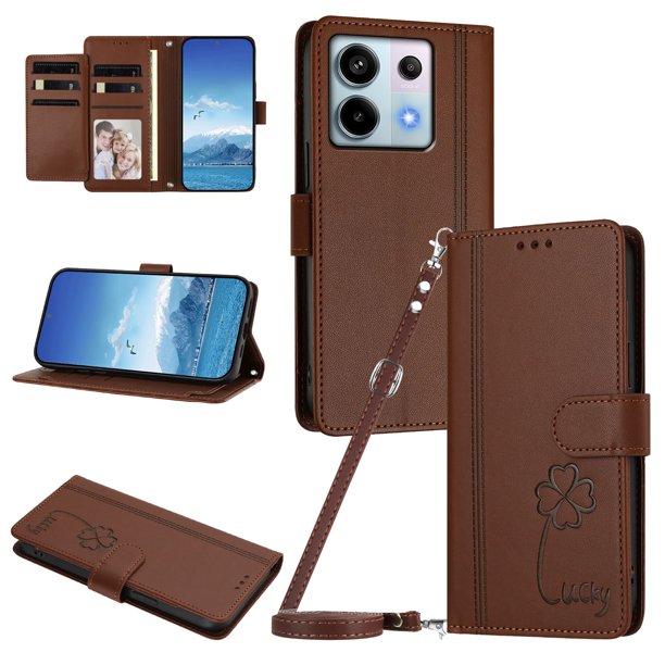 Funda Cartera Trébol para Xiaomi Poco X6 con Ranuras Tarjetas y Carga Inalámbrica Marrón