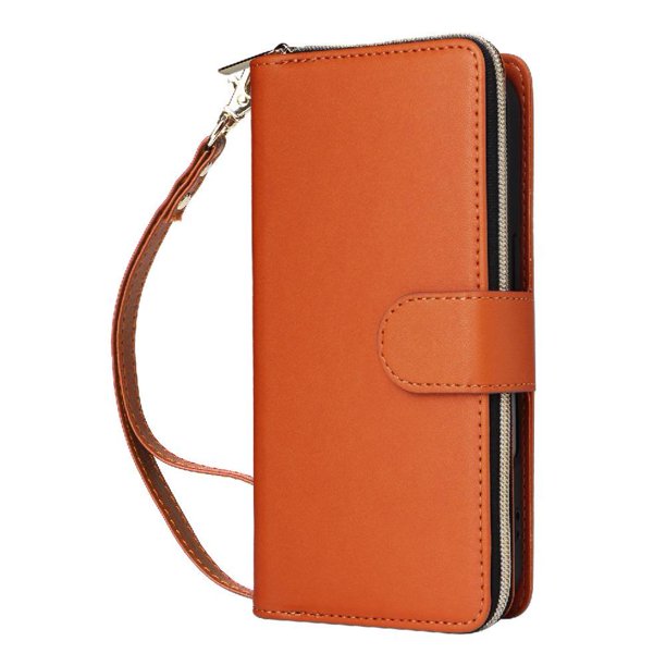 Funda Cartera con Cremallera y Correa para iPhone 14 Pro Soporte y Tarjetero Marrón