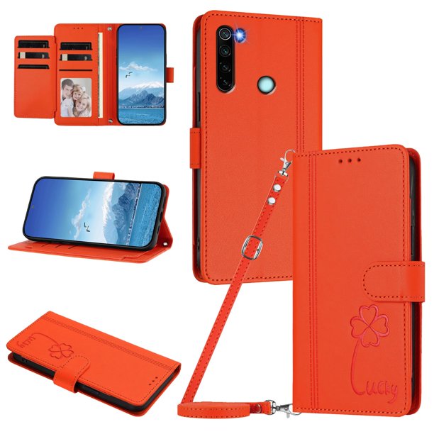 Funda Cartera Trébol para Xiaomi Redmi Note 8 4G con Ranuras Tarjetas y Carga Inalámbrica Naranja