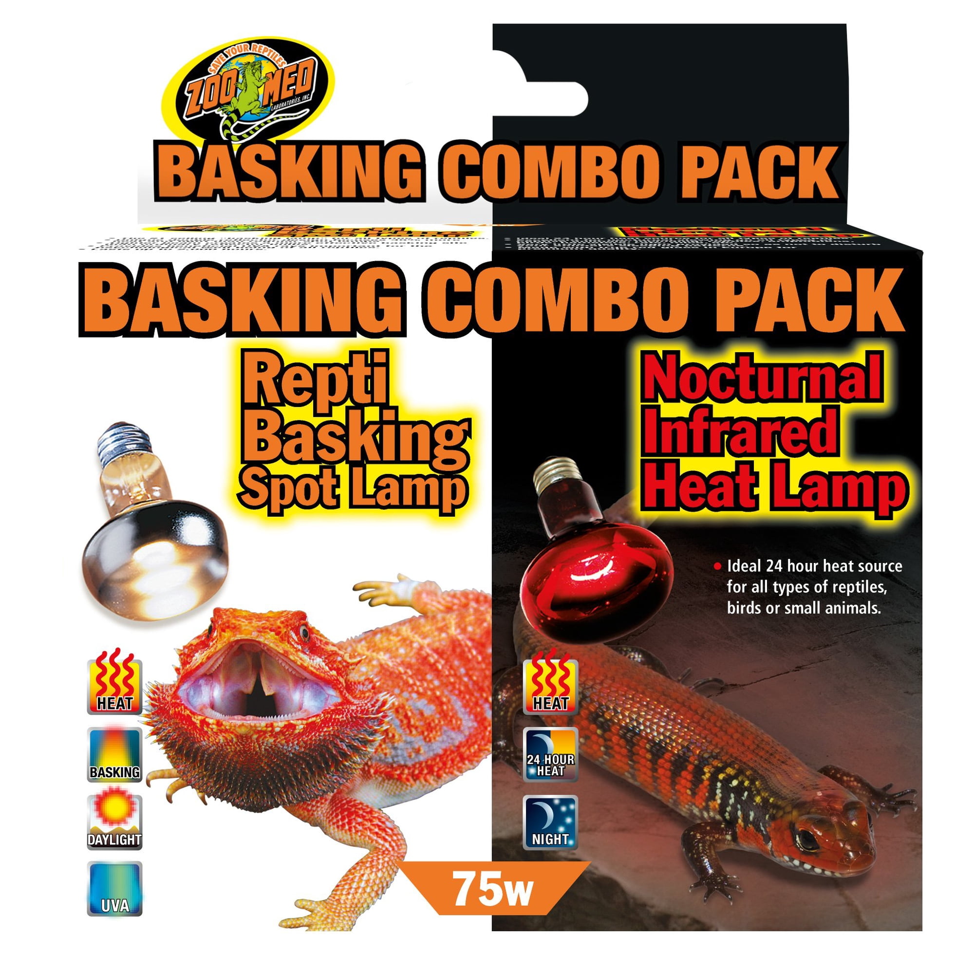 Pack Combo de Bombillas para Reptiles Zoo Med de 75 Vatios con Calor UVA