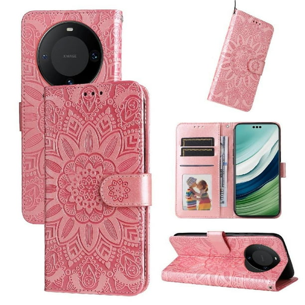 Funda tipo cartera FOXDOCK para Huawei Mate 60 , diseño girasol en relieve, cuero PU, cierre magnético, soporte y tarjetero