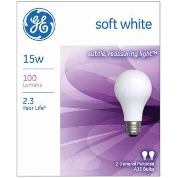 Bombilla GE 15 W luz blanca suave A15, paquete de 2
