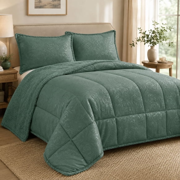 CUBRECAMA MARTINÉ MICROFIBRA EMBOSSED SONYA CON SHERPA 2 PLAZAS VERDE – 230 X 250 CM