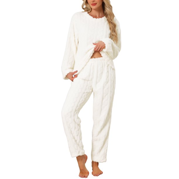 INSPIRE CHIC Conjunto de Pijama de Forro Polar Esponjoso para Mujer, Manga Larga, Cuello Redondo, Aterciopelado, Suave y Cálido, Ropa de Dormir de Invierno, 2 Piezas, Blanco Talla L