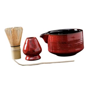 Magideal - Juego De De Matcha De 4 Uds., Cuenco De Matcha Con Vertedor, De Matcha De Bambú (Chasen), Cuchara (Chashaku), Soporte Para Rojo