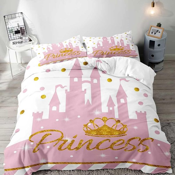 3PCS Pink Bedding White Duvet Cover Full Kids Bedding Gold Glitter Crown Castle Fairy Tale Princess Comforter Bedspread Quilt Cover