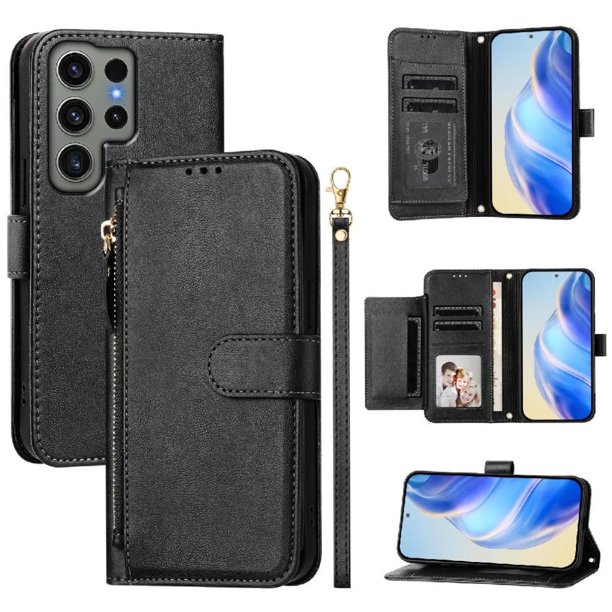 Funda Billetera Cremallera para Samsung Galaxy S23 Ultra 5G con Porta Tarjetas, Soporte y Correa Negro
