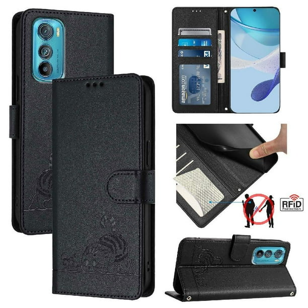 Funda tipo cartera FOXDOCK para Motorola Edge 30 con soporte, ranuras, RFID, diseño de gato