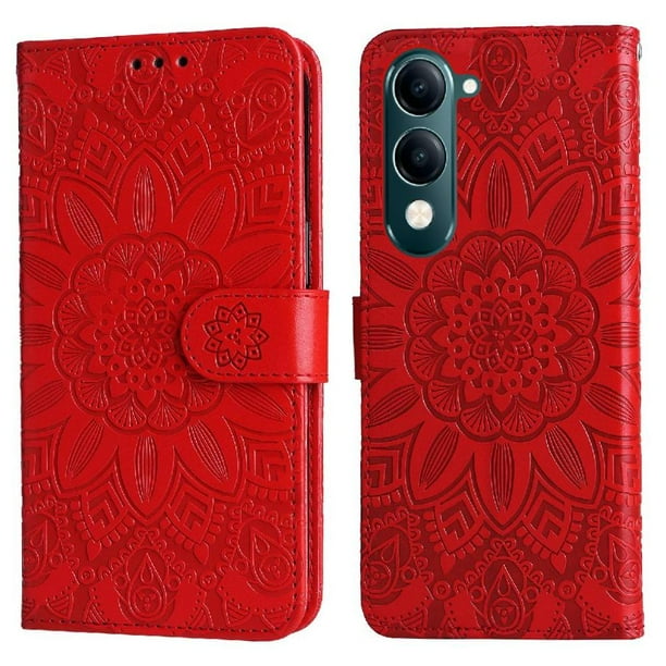Funda tipo cartera FOXDOCK para Vivo Y29s 5G , diseño girasol en relieve, cuero PU, cierre magnético, soporte y tarjetero