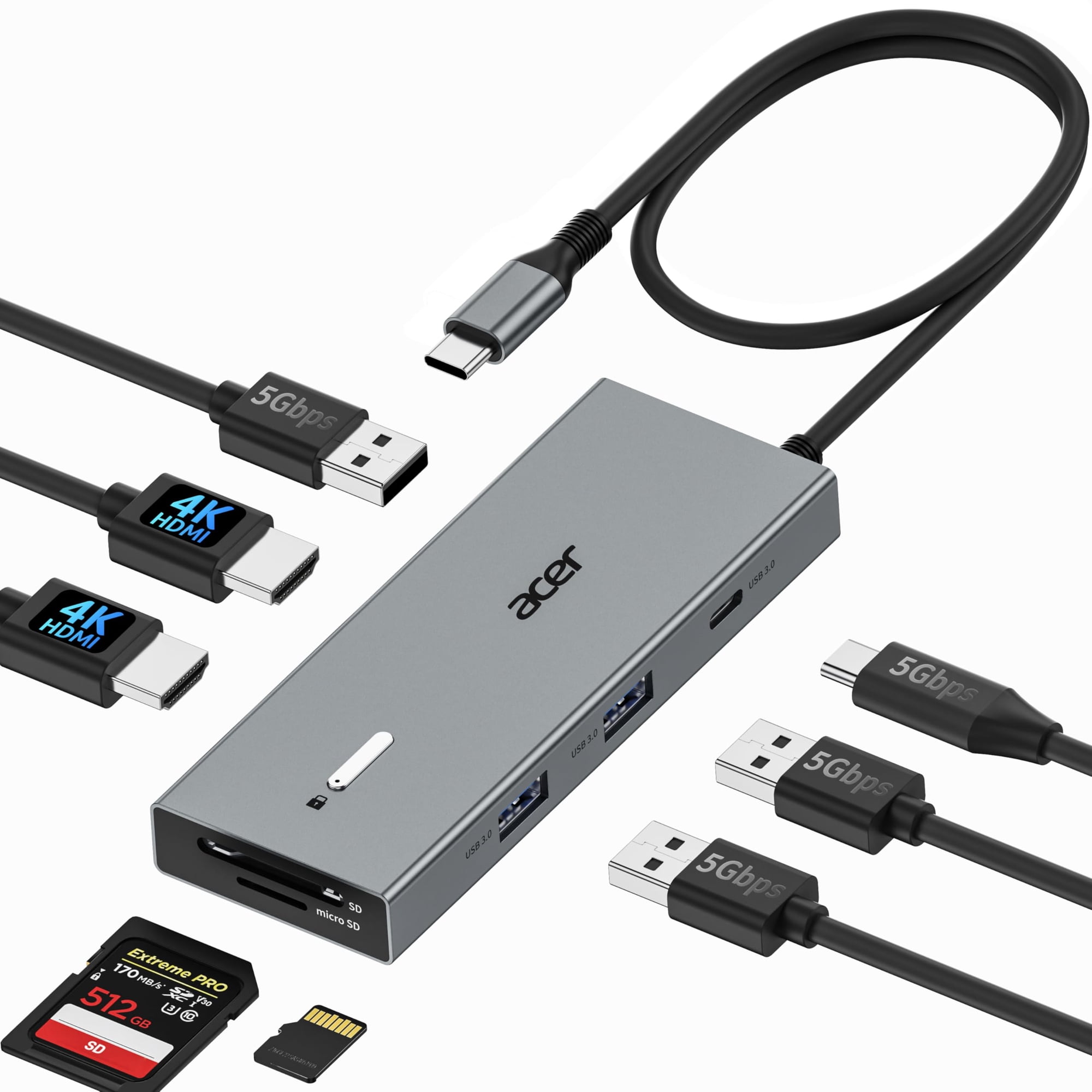 Estación De Acoplamiento Acer Usb C Con Doble Monitor 4k @60hz 9 En 1 De 100 W Pd