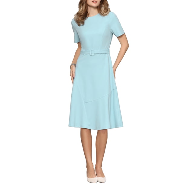 Vestido de Trabajo en Línea A de INSPIRE CHIC para Mujer, Manga Corta, Cuello Redondo, Vestidos con Volantes y Cinturón, M Azul Claro