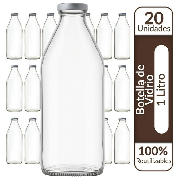 Botellas de Vidrio Lechera Jugos 1L 1000 ml c/Tapa - Pack 20