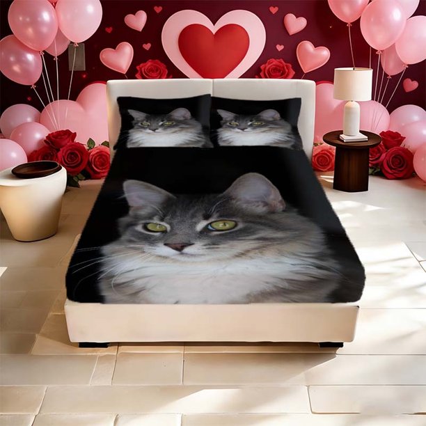 A Cat Print Fitted Sheet a Practical Fitted Sheet Set The Soft And Comfortable Material Brings a Comfortable Sleep Experience And Can Be Adapted to Various Size