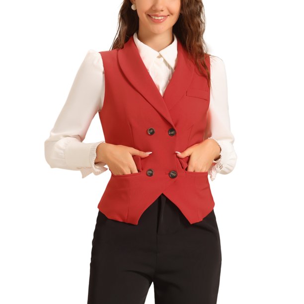 INSPIRE CHIC Chaleco de Traje para Mujer Doble Botonadura Negocios Solapa Elegante Chaleco de Cintura XL Rojo