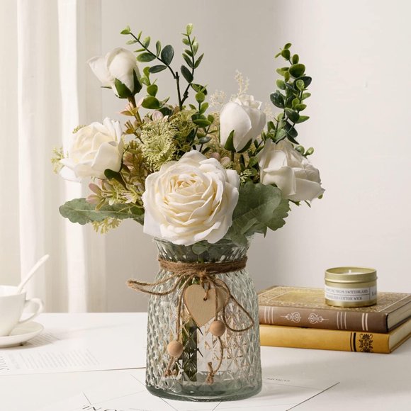 Ramo Artificial YJ Rosa Blanca Florero Vidrio 32 cm