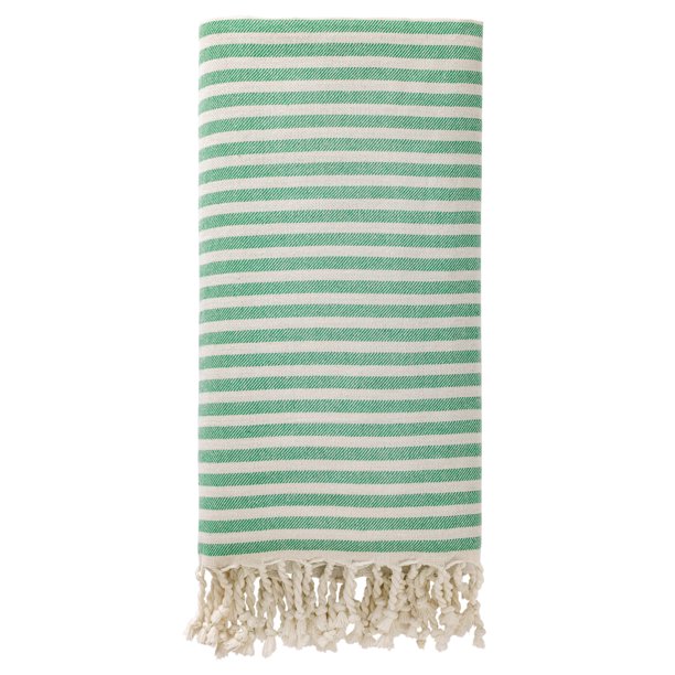 REGALWOVEN Toalla de Playa Turca con Diseño de Rayas y Flecos Ligera, Libre de Arena, de Secado Rápido, Versátil para Viajes, Yoga, Picnic, 1 Paquete Verde 71" x 40"