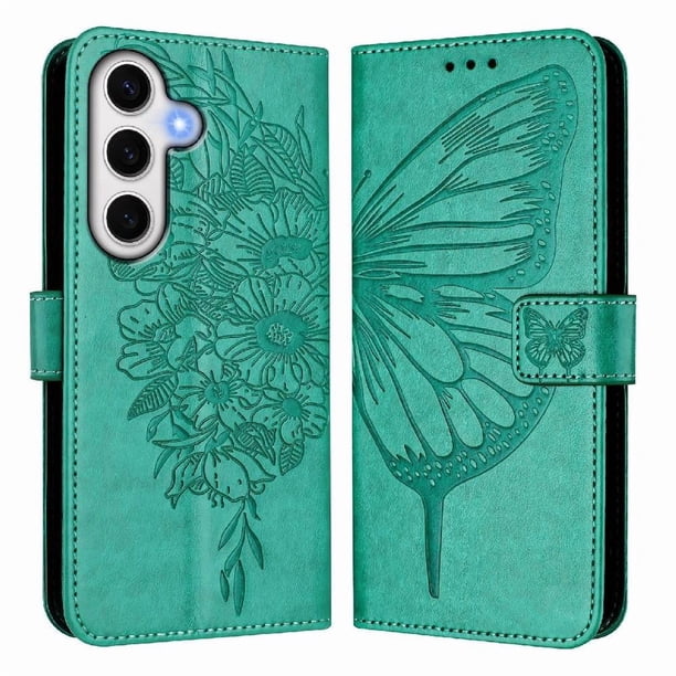 Funda Cartera Mariposa Para Samsung Galaxy S24 Fe Con Soporte Y Ranuras Para Tarjetas Verde