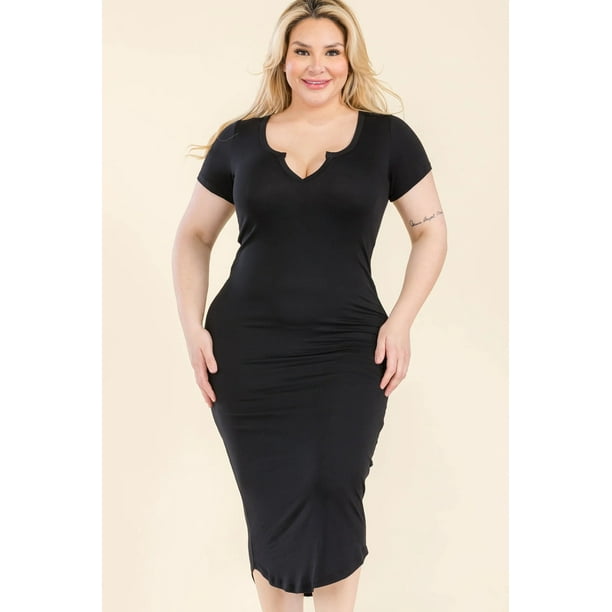 Vestido Midi Ajustado Con Cuello Dividido Y Talla Grande