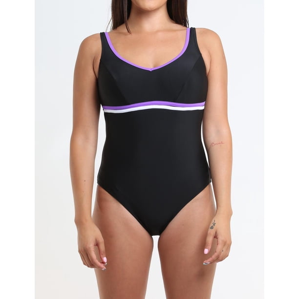 Traje de baño deportivo con vivos morado Talla L